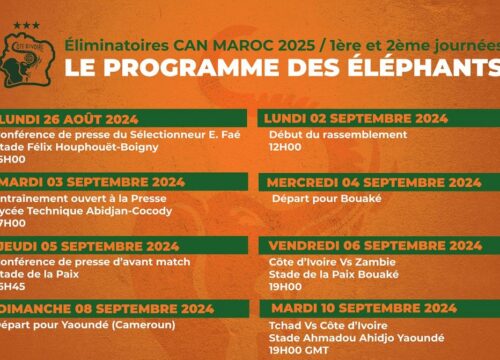 Eléphants – Voici le programme de la troupe à Faé pour les 1e et 2e journées des éliminatoires de la CAN Maroc 2025